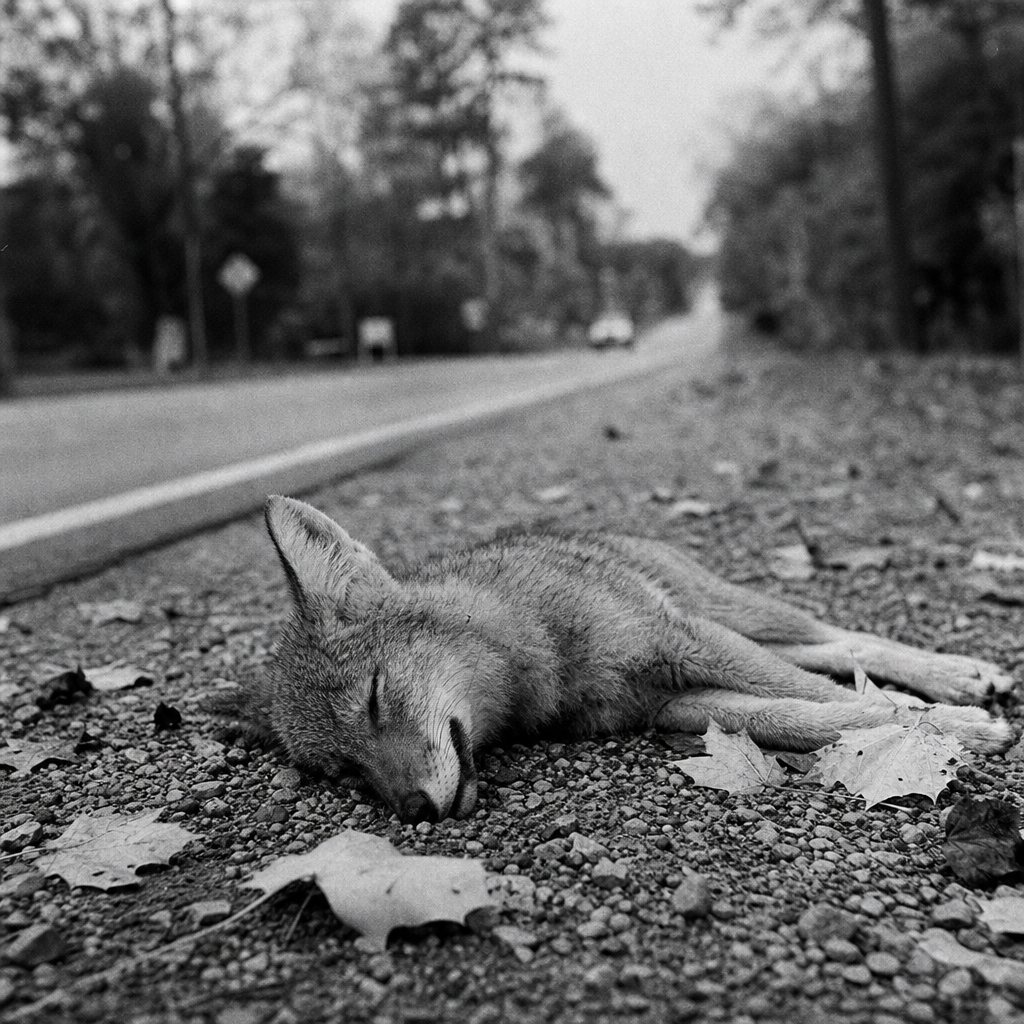 Road savvy has to come early for coyotes. This coyote pup, only a few months old, sadly lacked the skill and luck it takes to avoid cars