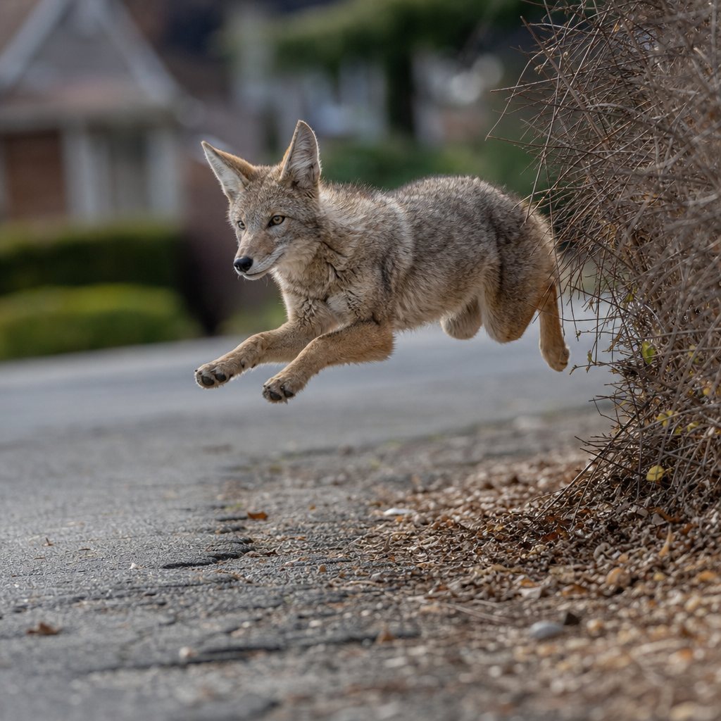 After checking the coast is clear, the coyote hops out of the brush and back onto the road to continue on her way