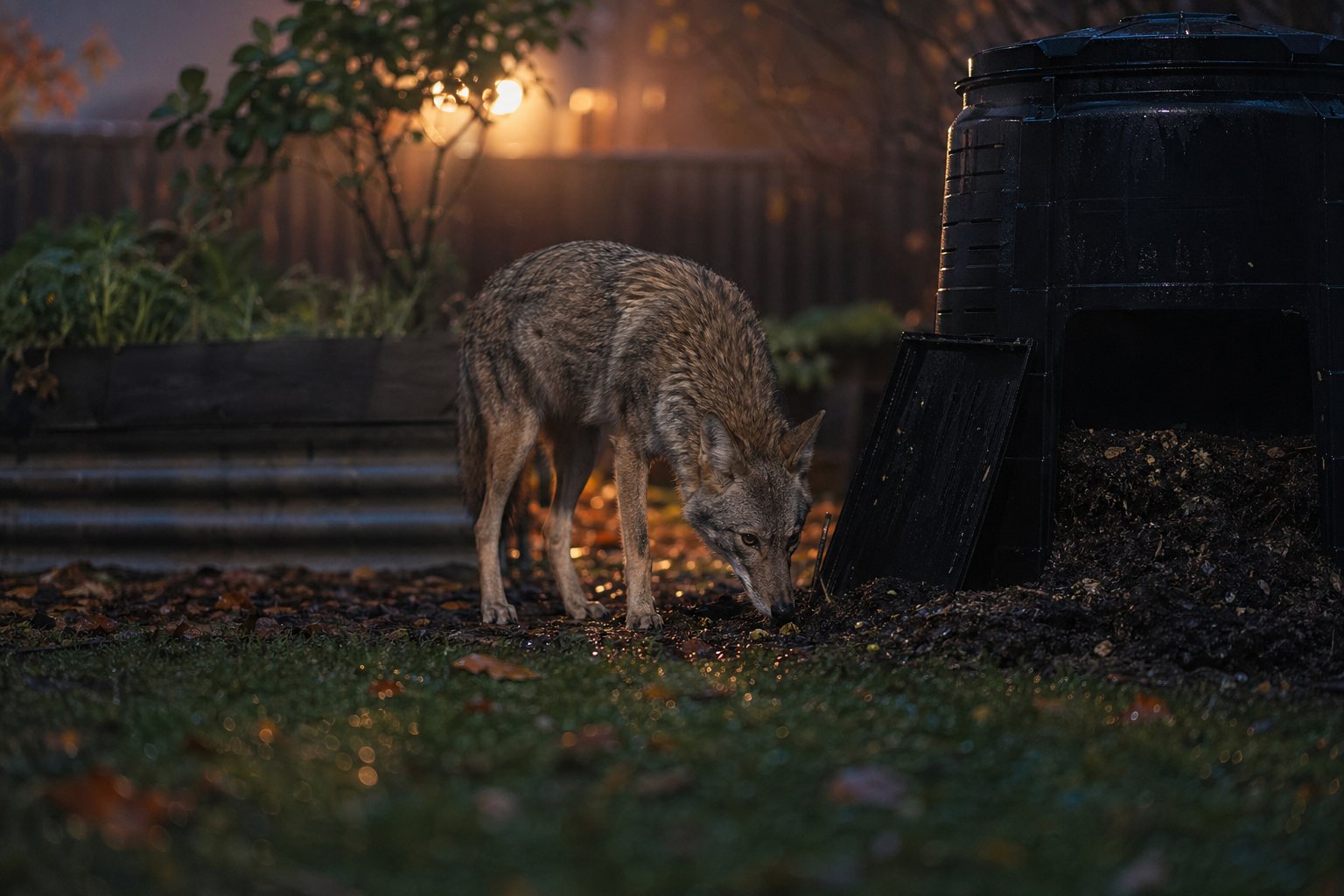 A coyote sniffs the ground near a large black compost bin in a garden at dusk under warm background lighting.