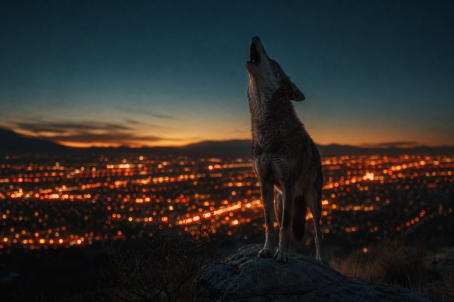 A coyote stands on a rock overlooking a city at dusk, head tilted back howling against a twilight sky.